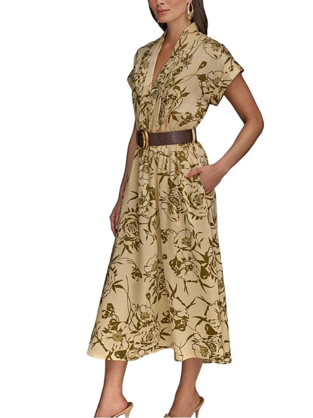 Donna Karan New York Floral Midi Dress Beige Olive Size size 14 NWT - Picture 2 of 13